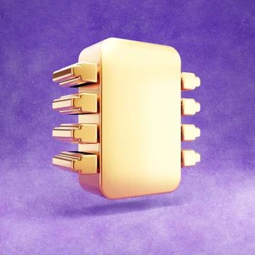 Microchip icon. Gold glossy Microchip symbol isolated on violet velvet backgr Stock Illustration