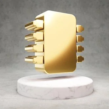 Microchip icon. Shiny golden Microchip symbol on white marble podium. Stock Illustration
