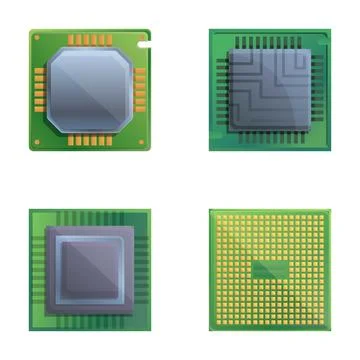 Microchip icons set cartoon vector. Central computer processor Ilustración de archivo