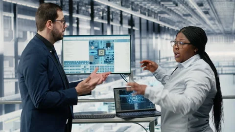 Microchip industry 4.0 plant directors using AI deep learning software Stock Footage 333386363