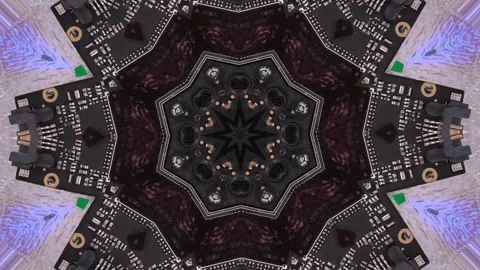 Microchip kaleidoscopic futuristic pattern flashing blue and red neon light. Stock Footage 246951313