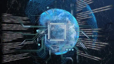 Microchip lighting initiating data bands and circuits blue Earth rotating Stock Footage 334351898
