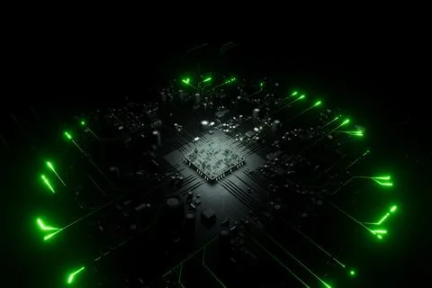 Microchip motherboard processing data with green neon lights. 3d render 스톡 일러스트