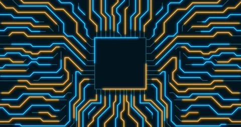 Microchip with neon blue an orange energy network circuits Vídeos de archivo 337428752