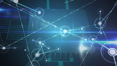 Microchip opening glowing core ring, emitting beams, materializing nodes, Stock Footage 312408066
