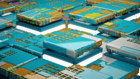 Microchip plates and light cubes, 3D render Stock Illustration