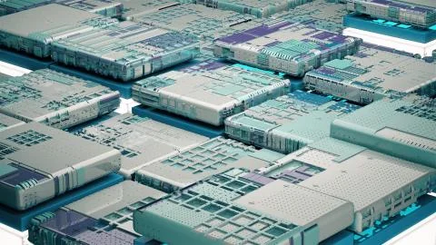 Microchip plates on light cubes, 3D render Stock Illustration