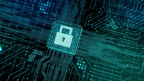 Microchip processing data through computer motherboard circuit with fully protec Stock Footage 165481591