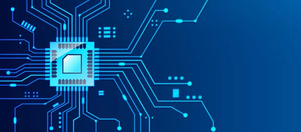 Microchip processor banner with blue background. Vector Illustration. Stock Illustration