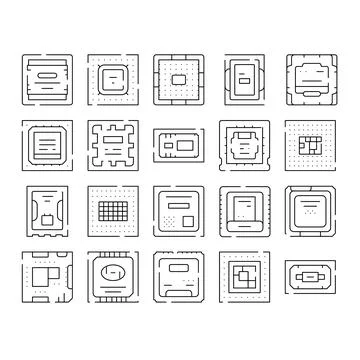Microchip processor computer hardware components line icons 스톡 일러스트