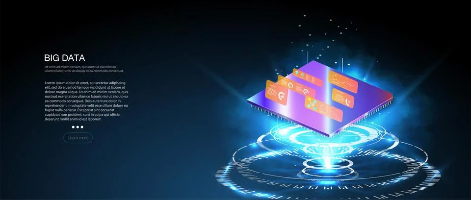 Microchip processor with lights on the blue background. Quantum computer Stock Illustration