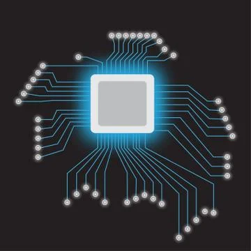 Microchip processor with neon lights on the dark background. Vector illustration Stock Illustration