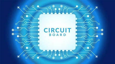 Microchip processor with radial lights on the blue background. AI. Electric.. Illustrazione stock