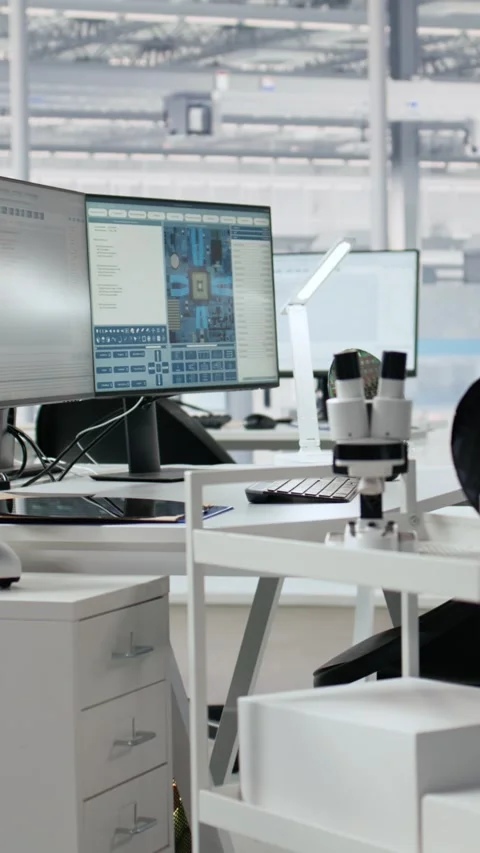 Microchip production engineering office with monitors Stock Footage 335883370