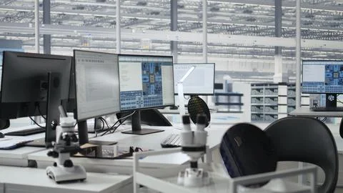 Microchip production engineering office with monitors Stock Photos