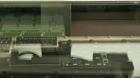 Microchip production factory technological process assembling the board chip man Stock Footage 72587150