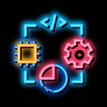 Microchip programming code mechanical gear and infographic neon glow icon ill 스톡 일러스트