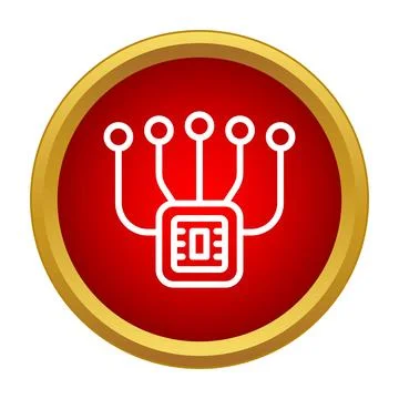 Microchip on red button showing electronic computing concept Illustrazione stock