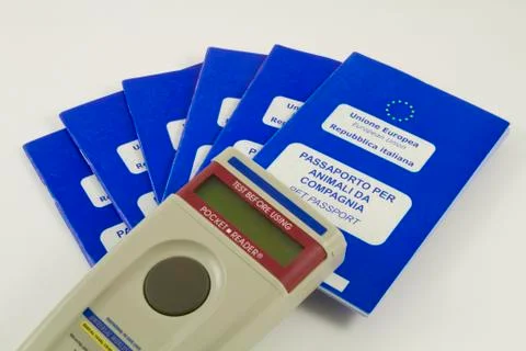Microchip Scanner and EU Pet Passports 스톡 사진