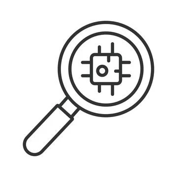 Microchip search and analysis icon in line design. Microchip, search, analysis Stock Illustration