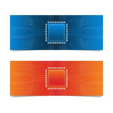 Microchip technology banner of the future, blue and orange color tones. 스톡 일러스트