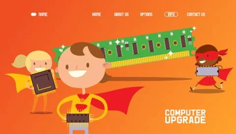 Microchip technology for computer upgrade, superhero boys and girls cartoon Illustrazione stock