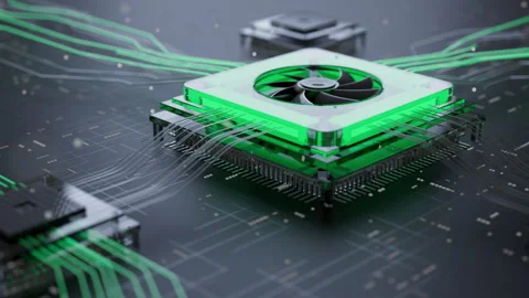 Microchip visualization with glowing circuits and AI concept. Stock Footage 348017992
