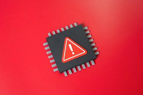 Microchip with a warning sign. Manufacturing defect and dangerous technolog.. Stock Photos