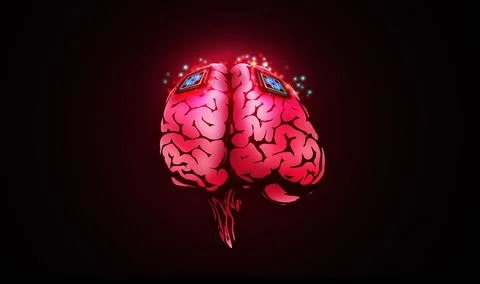 Microchips are implanted in human brain. Neural implants. Brain-computer in.. Stock Illustration