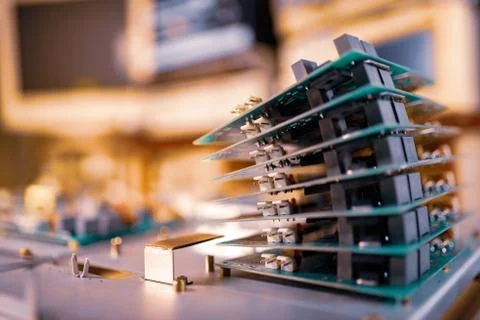Microchips are stacked on top of each other 库存照片