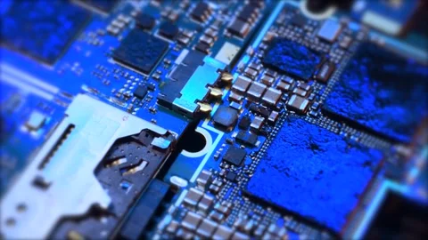 Microchips background tracking shot top view in blue neon light. Stock Footage 270455068