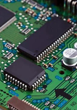 Microchips on circuit board 스톡 사진