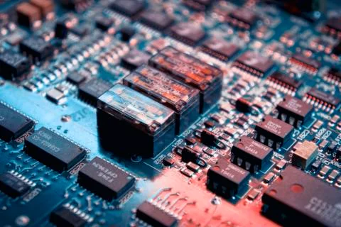Microchips on a circuit board. Stock Photos