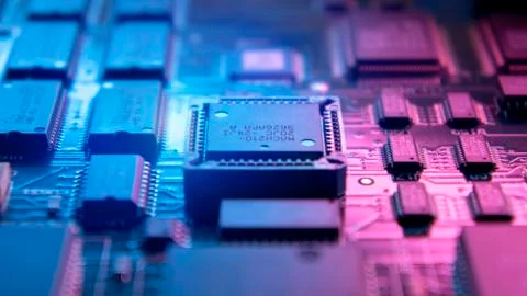 Microchips on a circuit board. Fotos Stock