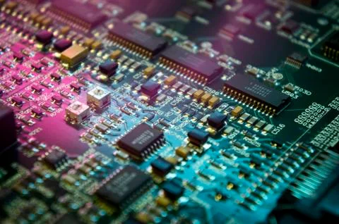 Microchips on a circuit board. Stock Photos