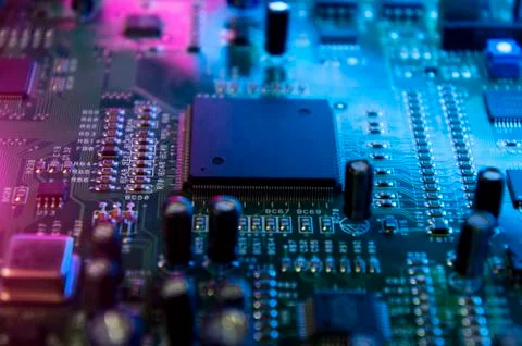Microchips on a circuit board. Fotos Stock