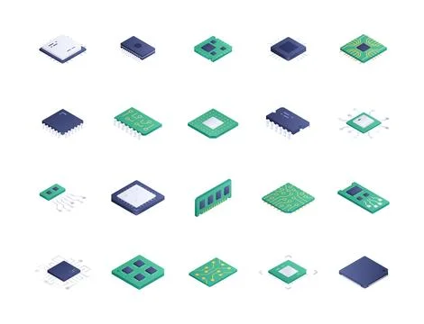 Microchips isometric icons vector set Stock Illustration