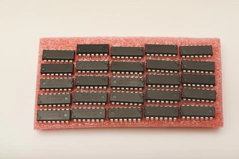 Microchips on red foam. Chip packaging. Microchips in a DIP package. Stock Photos