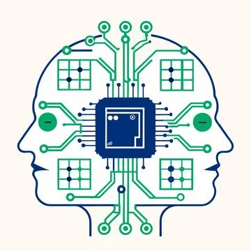 Microchips Shaped Like Robot Heads . Futuristic Vector Design for Tech, AI,.. Stock-Illustration
