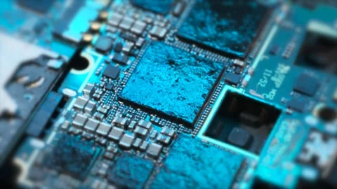 Microchips surface electronic device, top view tracking macro shot Stock Footage 270455331