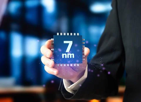 Microchips using 7mm process technology. Electronics production and developme Stockfoto's