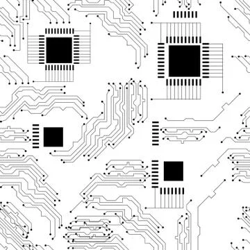 Microcircuit. Abstract techno background. Seamless pattern. black and white. Illustrazione stock