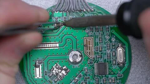 Microcircuit being fixed with soldering iron. Computer repair concept. Tweezers Stock Photos