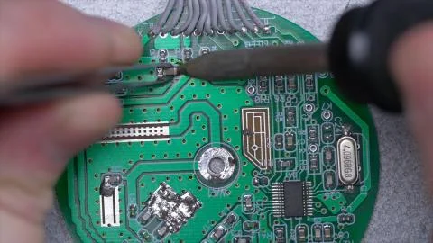 Microcircuit being fixed with soldering iron. Computer repair concept. Tweezers Stock Photos