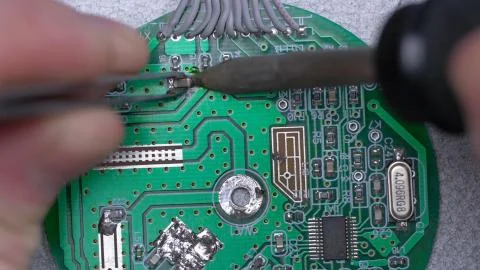 Microcircuit being fixed with soldering iron. Computer repair concept. Tweezers Stock Photos