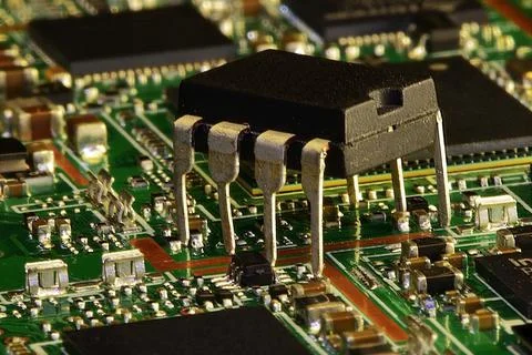 The microcircuit in the DIP8 case against the background of the modern instal Stock Photos