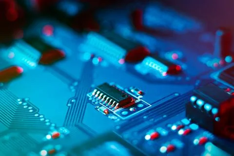 Microcircuit - Electronic integrated circuit board PCB close up Stock Photos