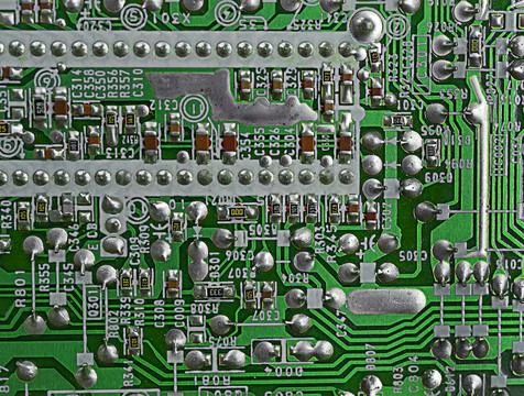 Microcircuit green close up with soft focus top view, computer modern technology 스톡 사진
