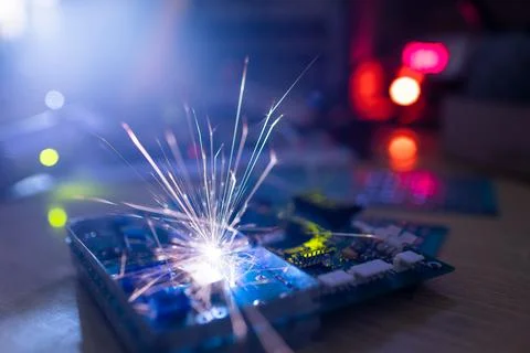 Microcircuit for TFT with wires sparkles with electric sparks Stock Photos