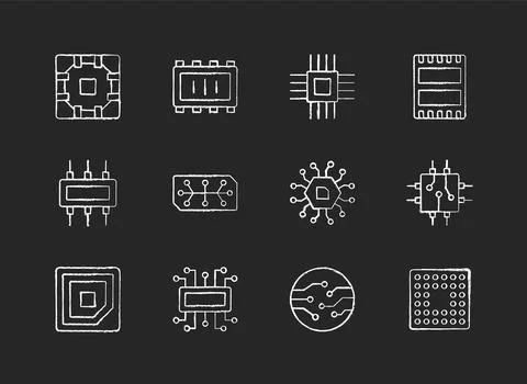 Microcircuits chalk white icons set on black background Stockillustratie